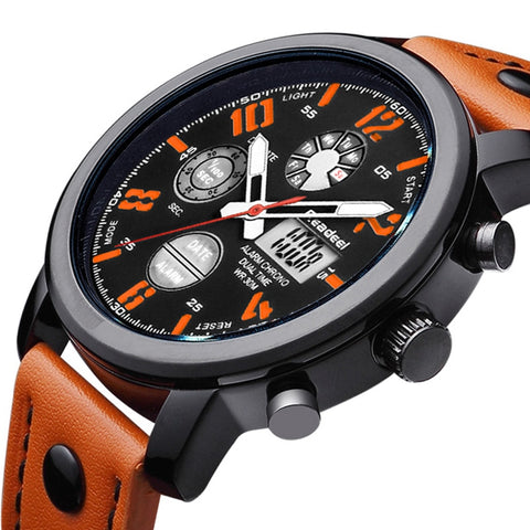 Dual Display Led Digital Watch Genuine Leather Clock